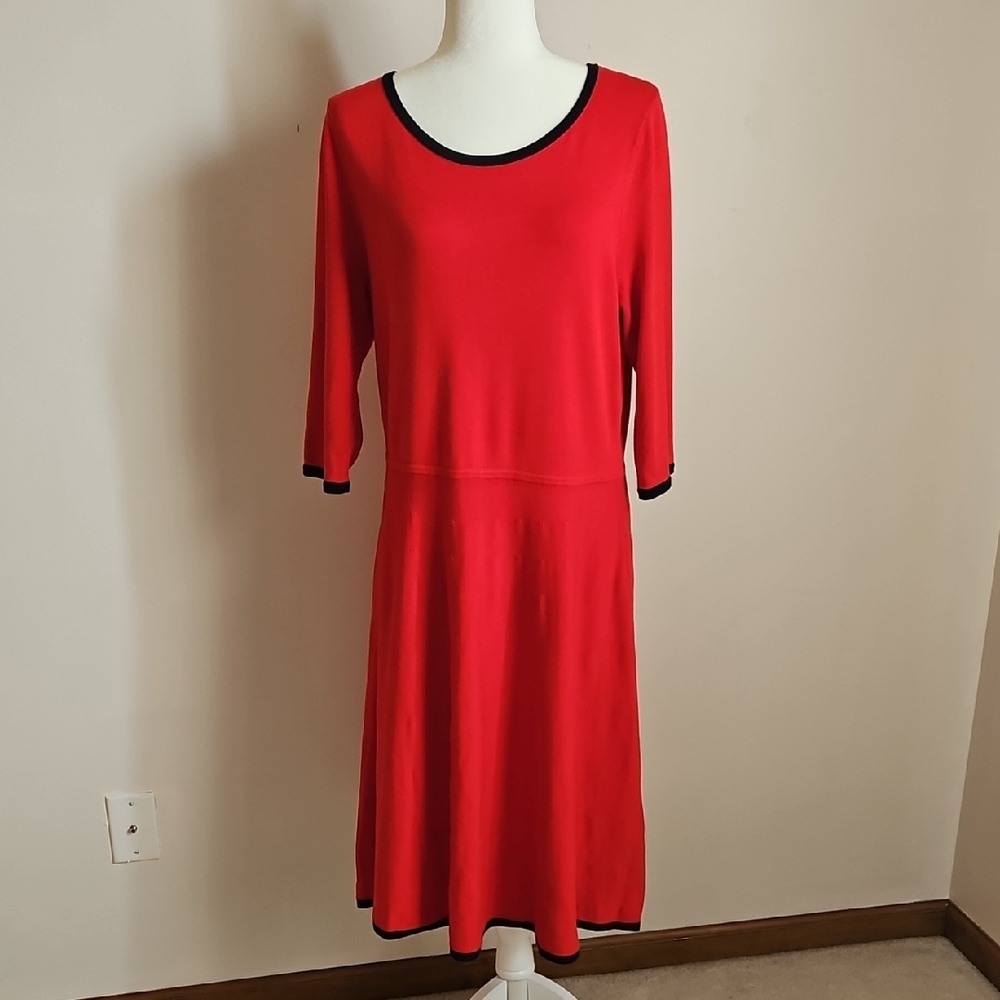 Talbots LG Knit Midi Dress Red Long Sleeve Black Trim Textured Skirt Holiday